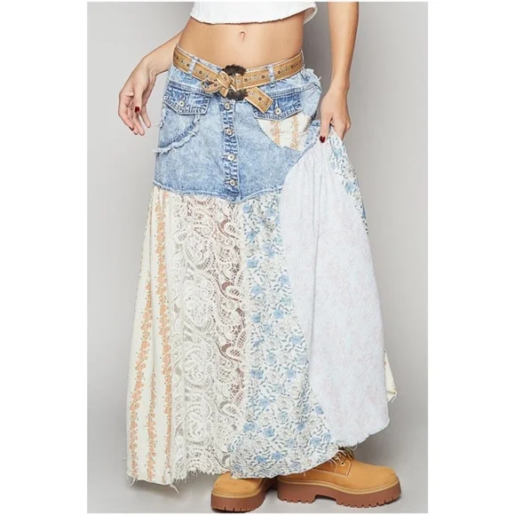 POL Light Wash Button Frayed Lace Floral Print Patchwork Maxi Skirt NWOT - Picture 1 of 5